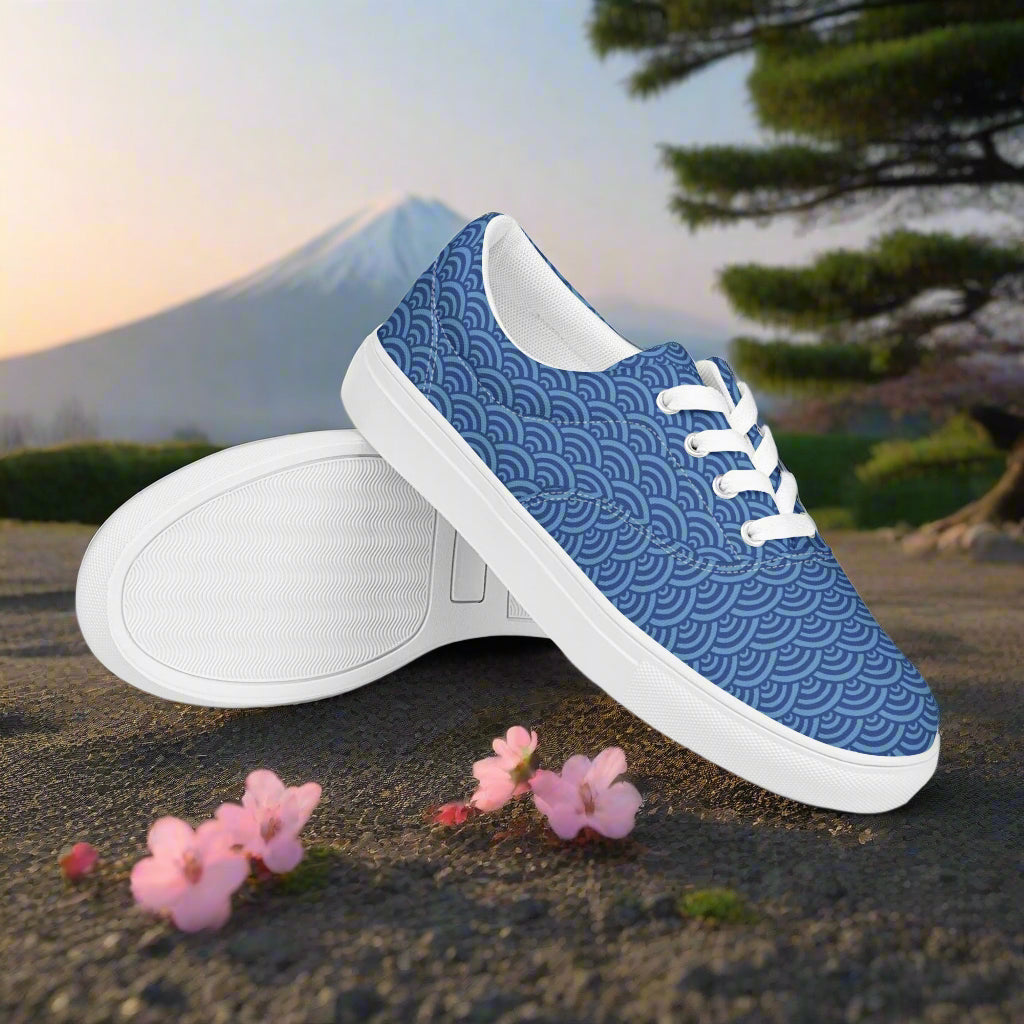 WildSage Market Custom Lace-up Canvas Shoes in blue wave pattern with white laces and sole