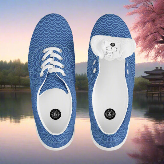 WildSage Market Custom Lace-up Canvas Shoes blue wave scallop pattern low top with white laces top view