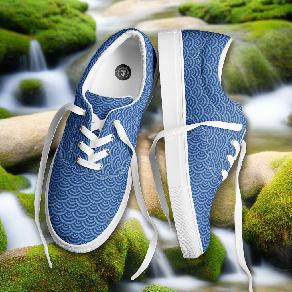 Custom Lace-up Canvas Shoes WildSage Market blue wave pattern with white laces and rubber sole on mossy stream background