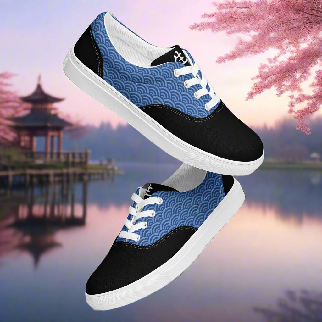 WildSage Market Lace-up Canvas Shoes black and blue wave pattern low top with white laces and rubber sole