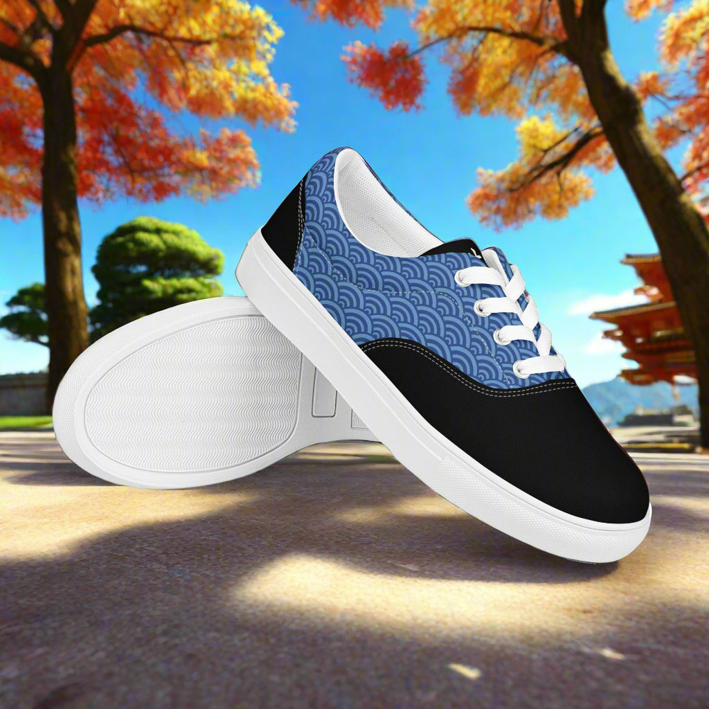 Lace-up Canvas Shoes from WildSage Market blue wave patterned upper black toe white laces rubber sole casual park scene