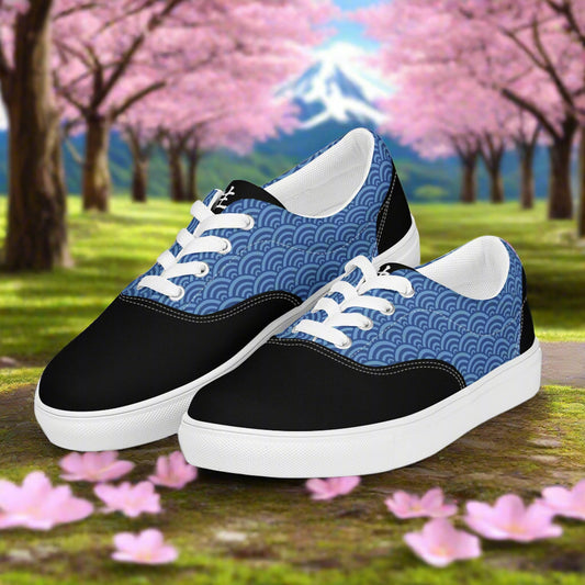 WildSage Market Lace-up Canvas Shoes low top blue wave pattern with black toe and white sole for casual wear