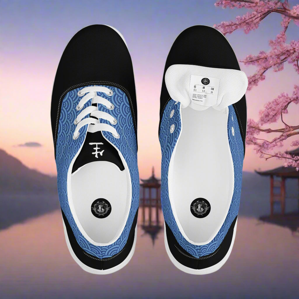 WildSage Market Lace-up Canvas Shoes top view black toe cap blue wave pattern white laces comfortable casual