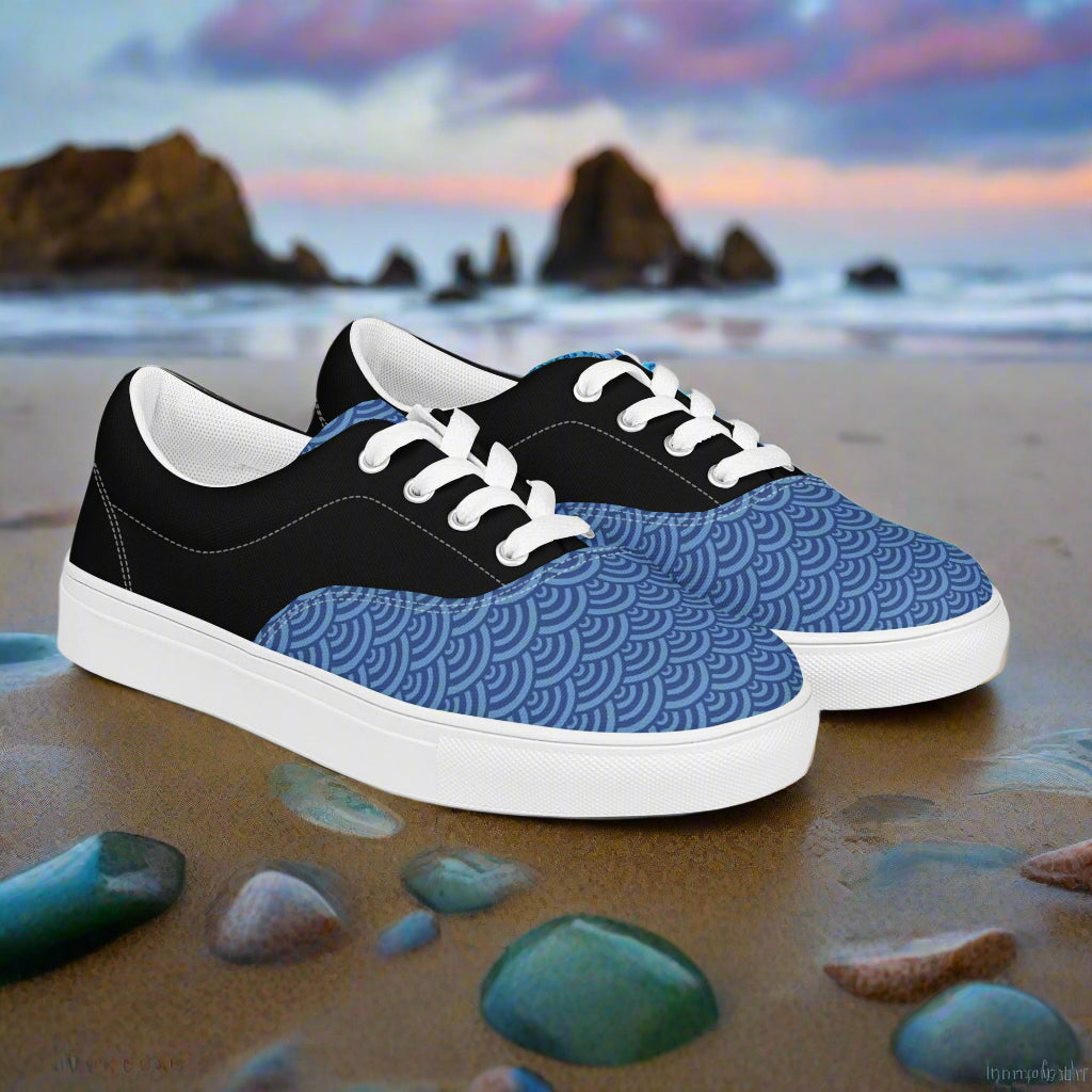 Custom Lace-up Canvas Shoes WildSage Market blue wave pattern toe black upper white laces on beach