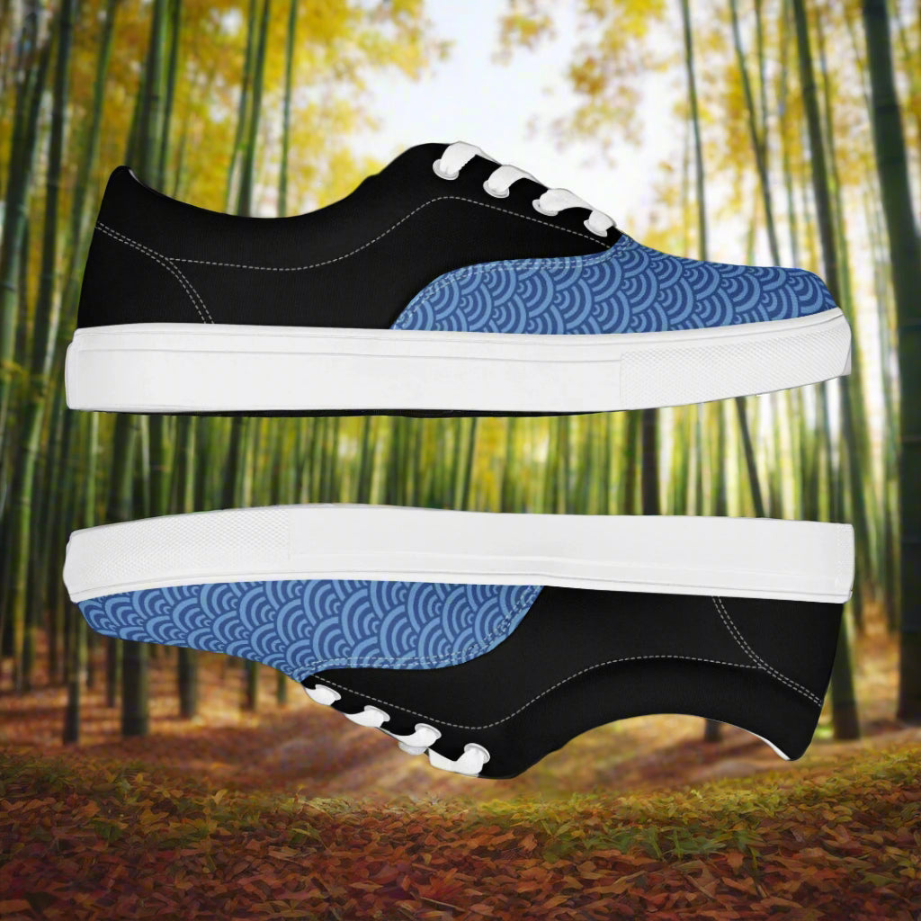 Custom Lace-up Canvas Shoes WildSage Market black low top canvas sneakers with blue wave pattern and white soles