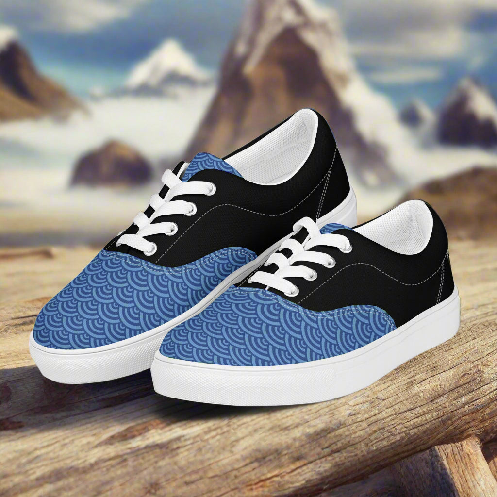 Custom Lace-up Canvas Shoes by WildSage Market blue wave print toe black upper white laces low top sneakers