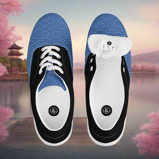 Custom Lace-up Canvas Shoes blue wave toe pattern black sides white laces top view on cherry blossom lake dock