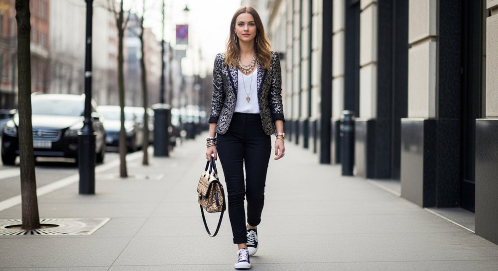Stylish young woman walking on a city street in chic tailored outfit, wearing custom canvas sneakers with high-fashion inspired print, blending runway style with everyday footwear in a lifestyle fashion photo.