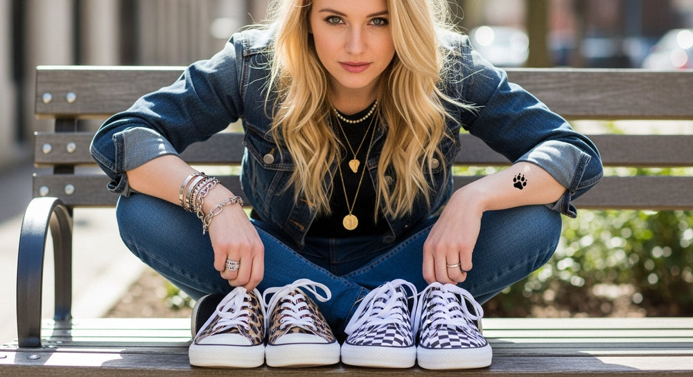 Blonde woman seated on a bench in casual denim, comparing two pairs of custom canvas sneakers — bold leopard print and classic black-and-white checkerboard.