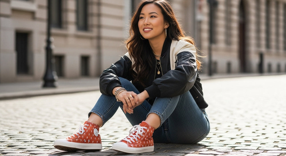 Young woman seated on a cobblestone street wearing custom orange high-top canvas sneakers with white toecap and sole, decorated with a repeating lightning bolt print, styled with a casual modern outfit.