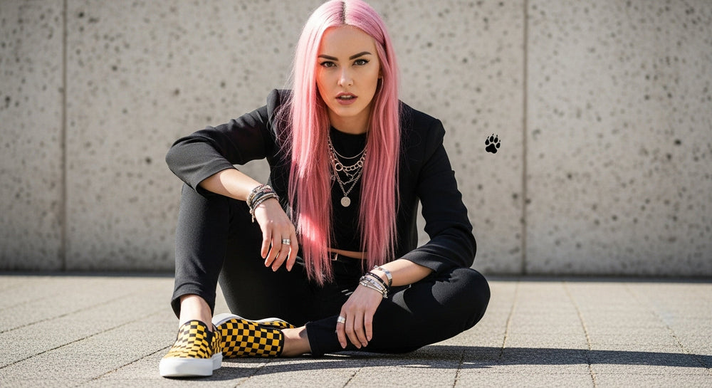 Young woman with long pink hair seated on pavement, dressed in black with custom yellow-and-black taxi checker slip-on sneakers, by Wildsage.
