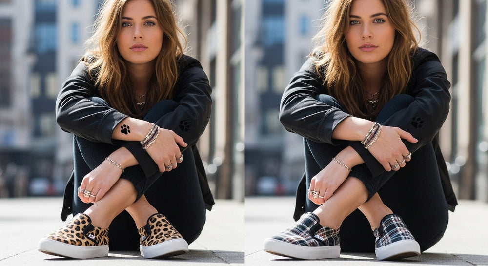 Stylish young woman seated outdoors in casual streetwear, wearing slip-on canvas sneakers shown in two patterns: bold leopard print on the left and versatile plaid print on the right.