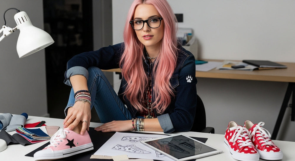 Young woman seated at a design workbench wearing custom pink canvas sneakers with black laces and bold black star details, casual outfit with jewelry, subtle wolf paw branding on sleeve, lifestyle fashion photo.