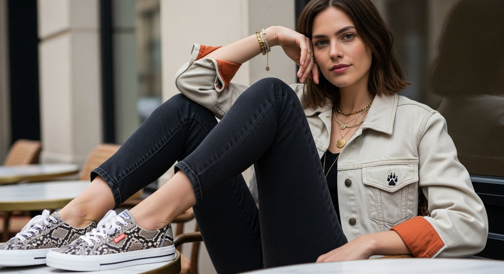 Stylish woman at a café wearing custom snakeskin print canvas sneakers with black jeans and beige jacket, subtle wolf paw branding on sleeve, full face visible, lifestyle fashion photo.