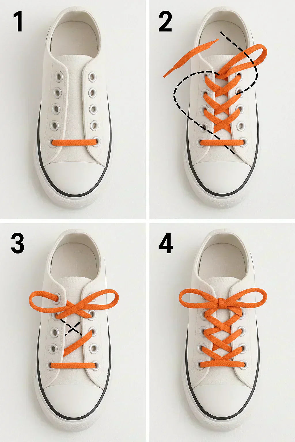 Step-by-step guide showing how to properly tie shoe laces on white sneakers