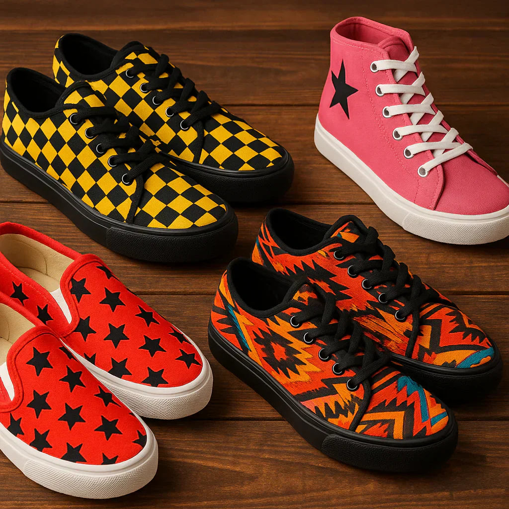 Colorful collection of trendy shoes featuring unique patterns and styles on a wooden background