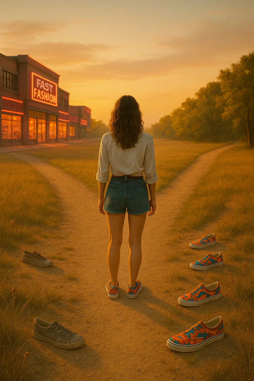 A person standing at a crossroads with various fashion footwear options and a fast fashion store in the background