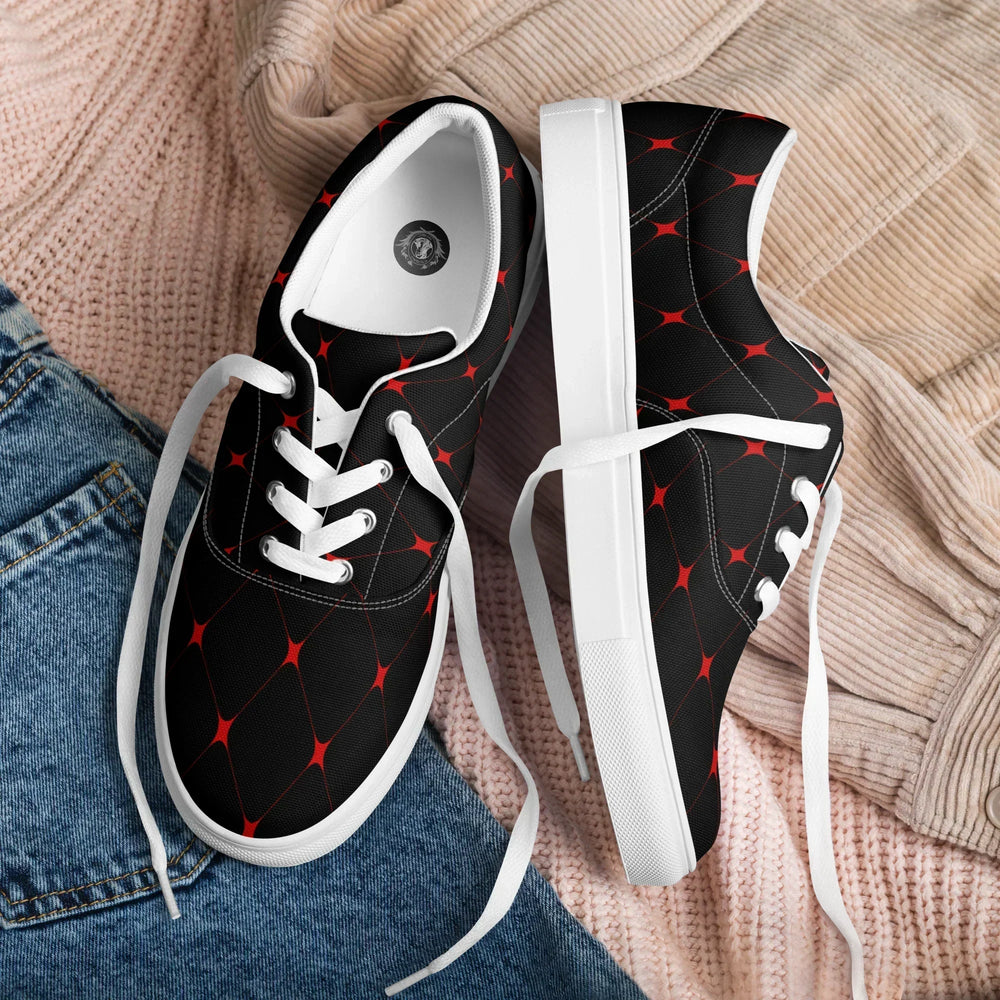 Stylish lace-up canvas shoes style with a black and red geometric pattern on a cozy background