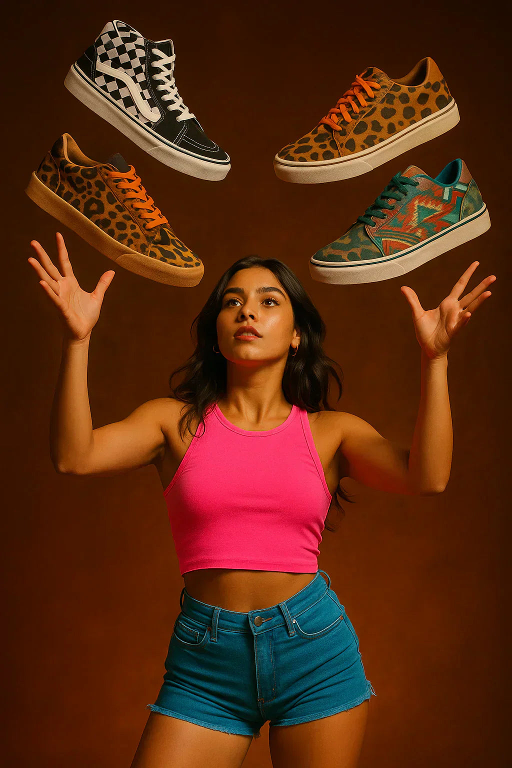 Trendy shoes footwear displayed above a woman in a pink tank top and denim shorts