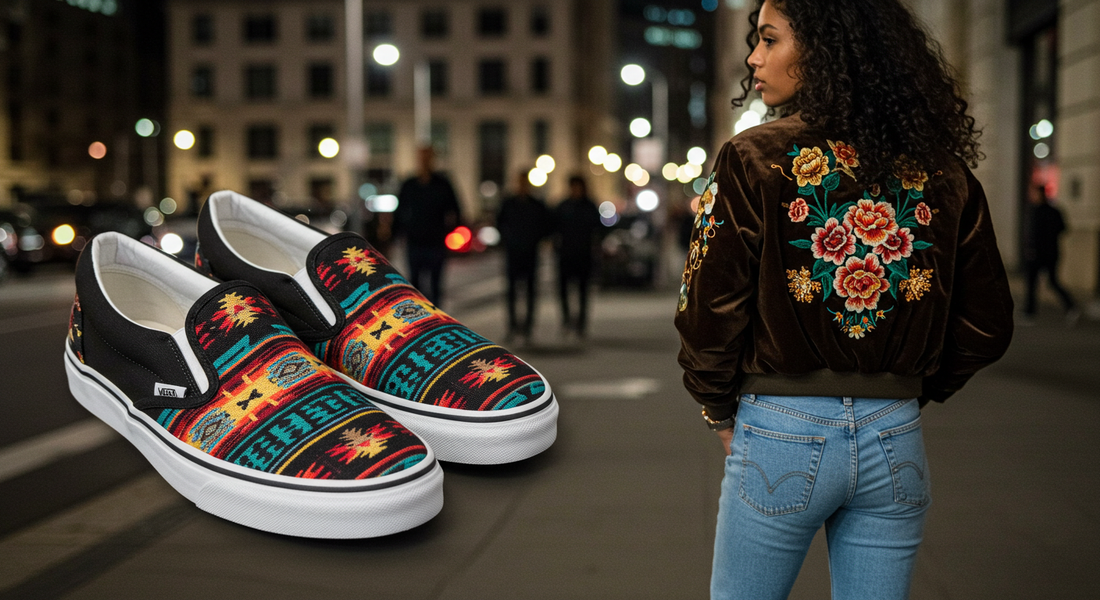 young woman in fashionable jacket and a pair of Southwestern print slip-on sneakers