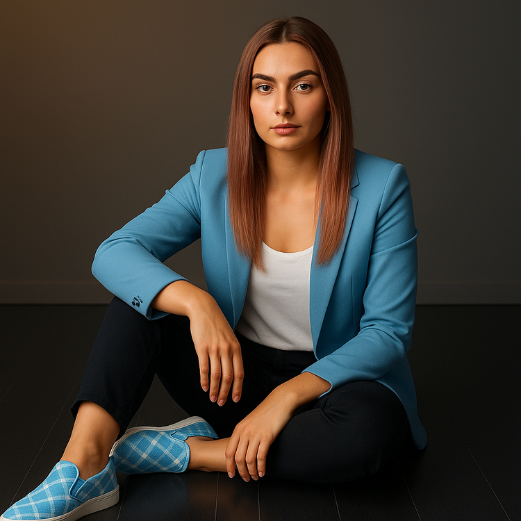 Woman in light blue blazer wearing light blue plaid slip-on shoes, seated on dark wood floor in studio lighting.