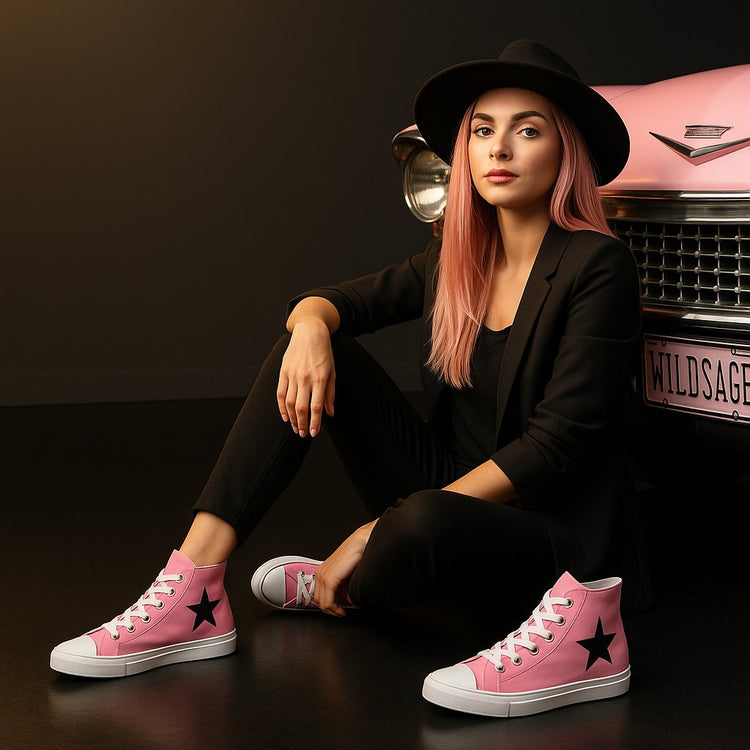 WildSage high top shoes with colorful geometric pattern set against a desert landscape at sunset