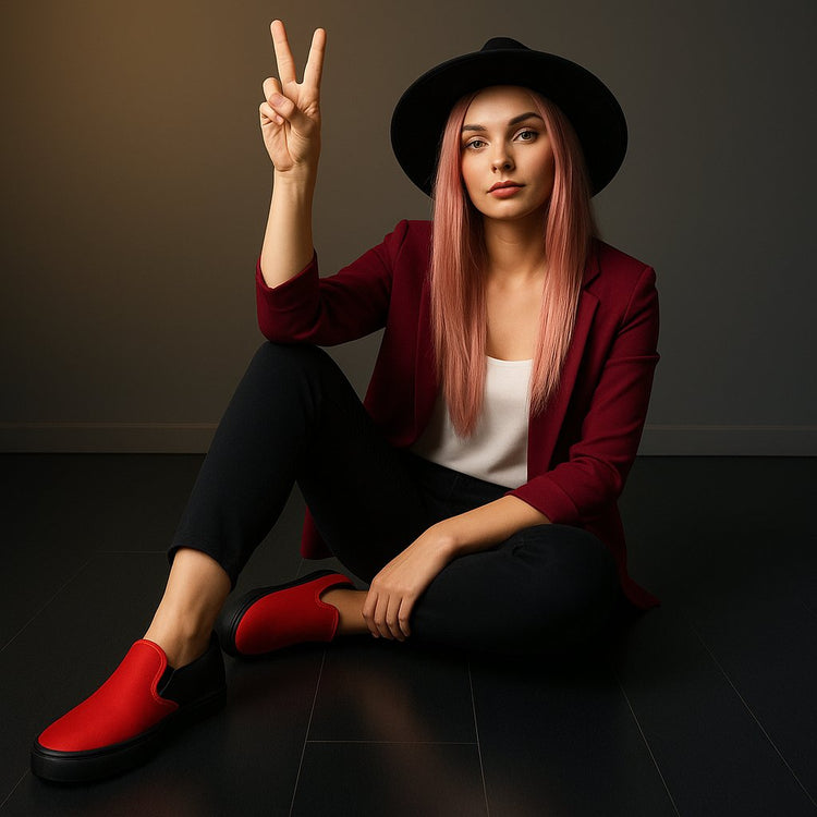 Woman wearing red and black two tone canvas shoes paired with casual outfit sitting on floor showing peace sign