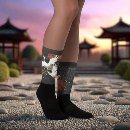 Asian inspired white crane design socks in black with colorful floral accents by WildSage Market