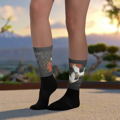 Asian inspired white crane design socks featuring elegant patterns and contrasting colors for stylish wear