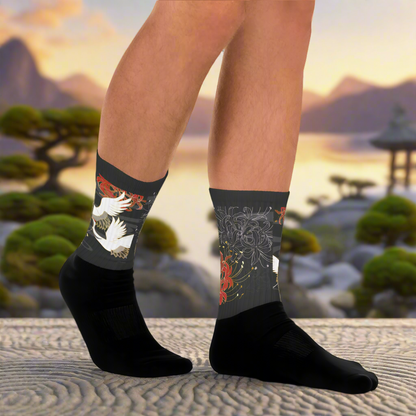 Asian inspired white crane design socks with intricate patterns and vibrant colors suitable for casual wear