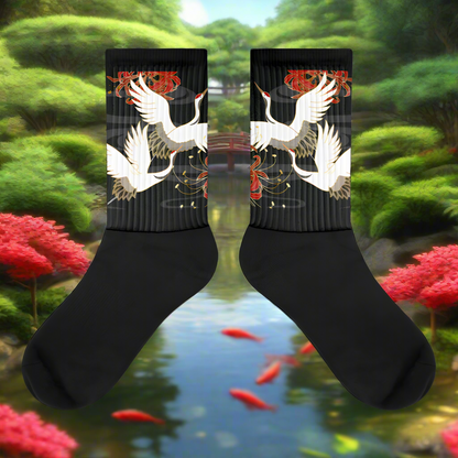 Asian inspired white crane design socks with a black background and vibrant colors