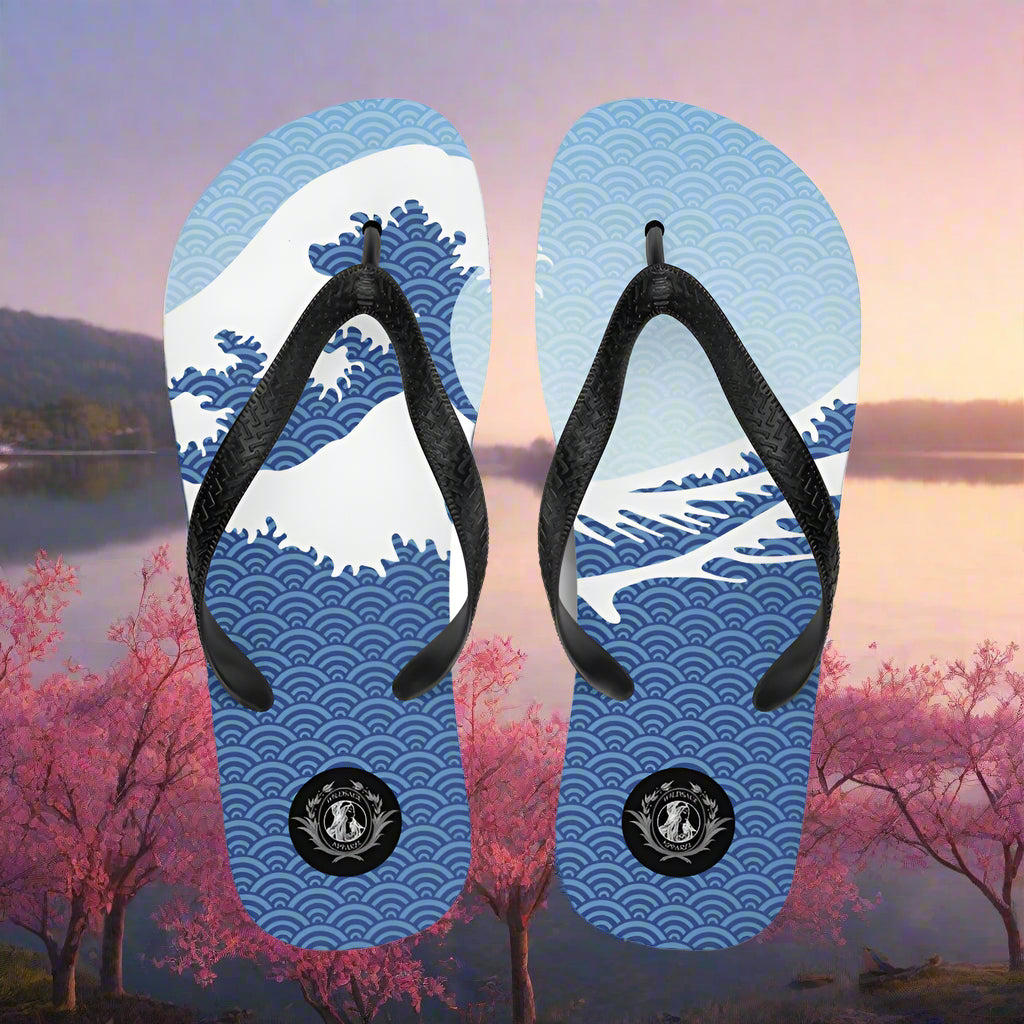 Asian print Tsunami Sky flip-flops featuring a stunning wave design perfect for summer wear