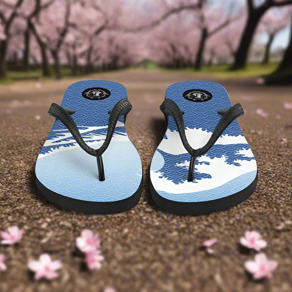 Stylish Asian print Tsunami Sky flip-flops featuring a blue wave design for comfortable summer wear
