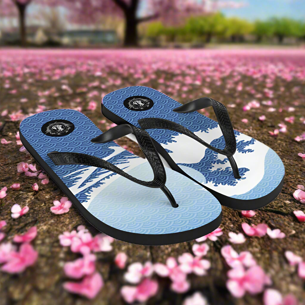 Asian print Tsunami Sky flip-flops featuring intricate wave designs on soft sole for comfortable summer wear