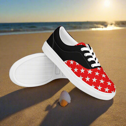 White Star Red Halftone Lace-up Canvas Shoes by WildSage Market on sandy beach with ocean background