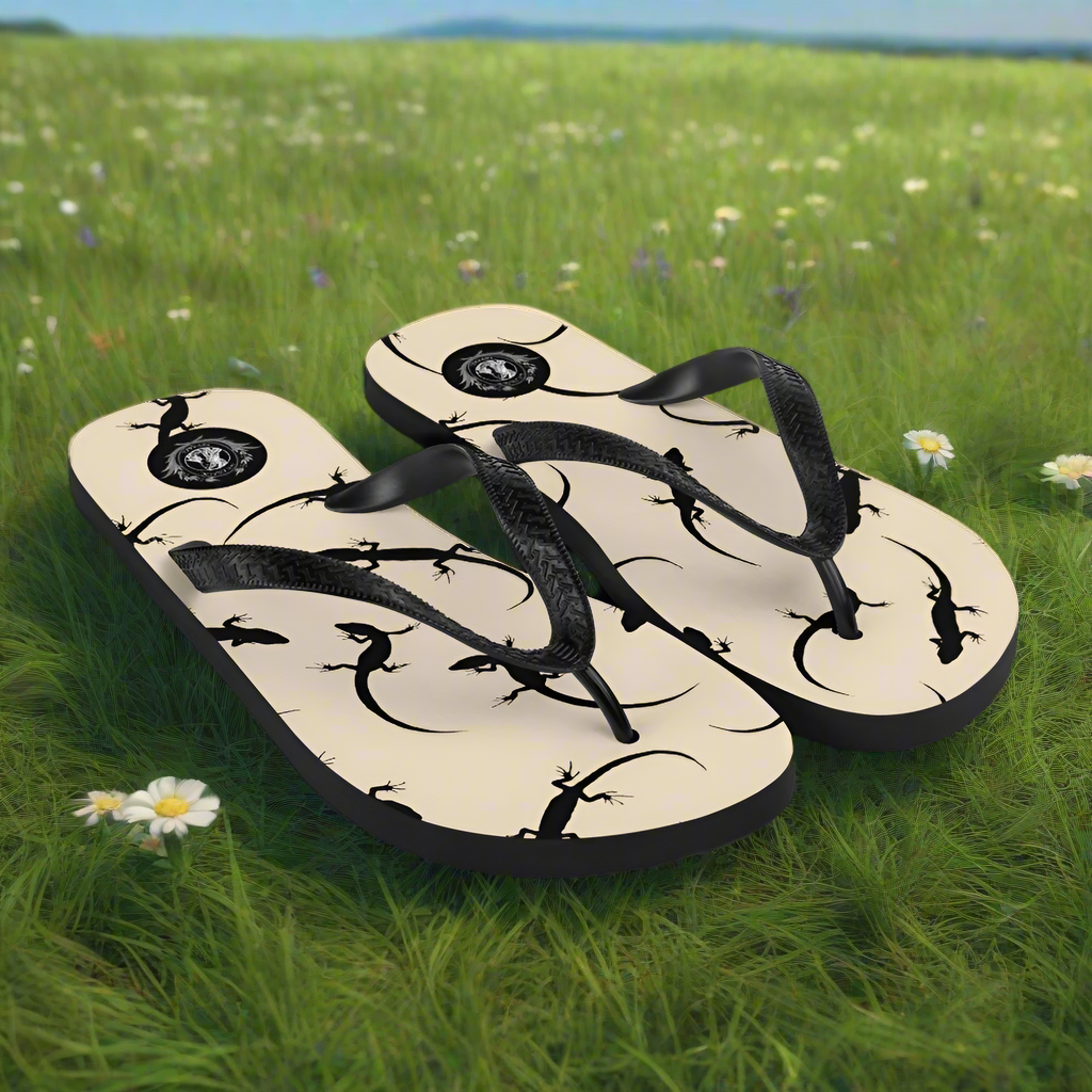 Beige lizard print flip-flops with black straps perfect for casual summer outings
