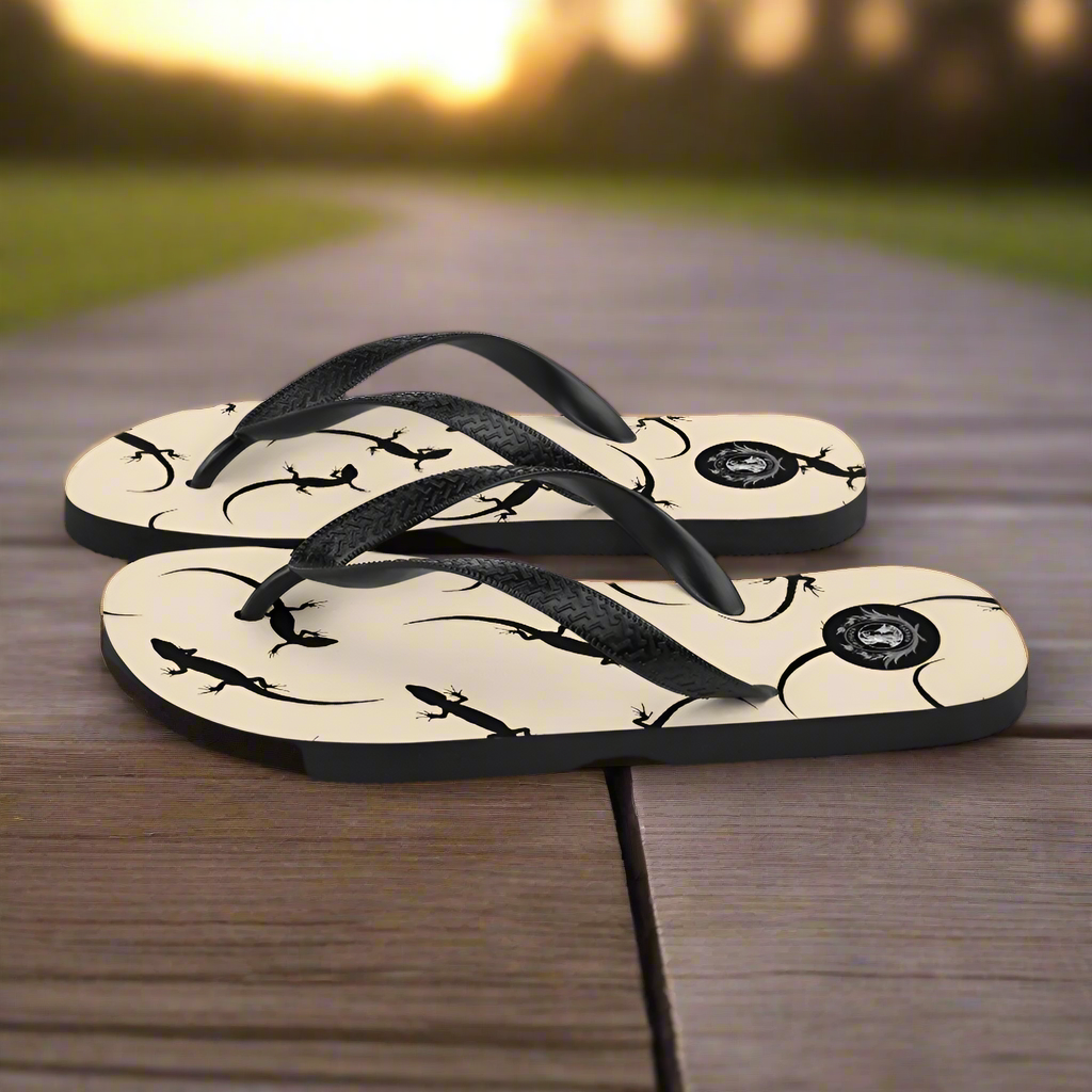 Beige lizard print flip-flops by WildSage Market with comfortable black straps for summer wear