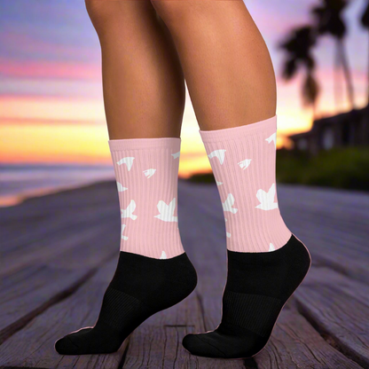 Bespoke Socks White birds on pink with a stylish black toe, perfect for casual outfits