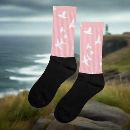 Bespoke Socks White birds on pink with stylish black bottoms for a unique look