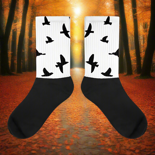 Black Birds White Unisex Black Bottom Socks featuring a playful bird pattern on a white background