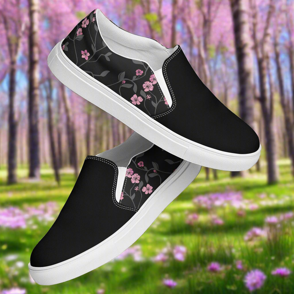 Black Cherry Two Tone Slip-on Canvas Shoes with Floral accents perfect for casual wear