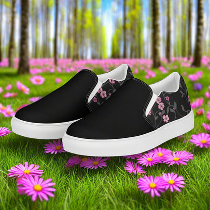 Black Cherry Two Tone Slip-on Canvas Shoes with Floral Design on Side for Stylish Comfort
