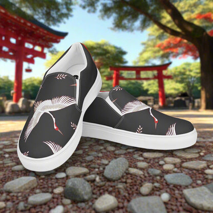 Black Crane Halftone Slip-on Canvas Shoes featuring a stylish crane design, perfect for casual outings