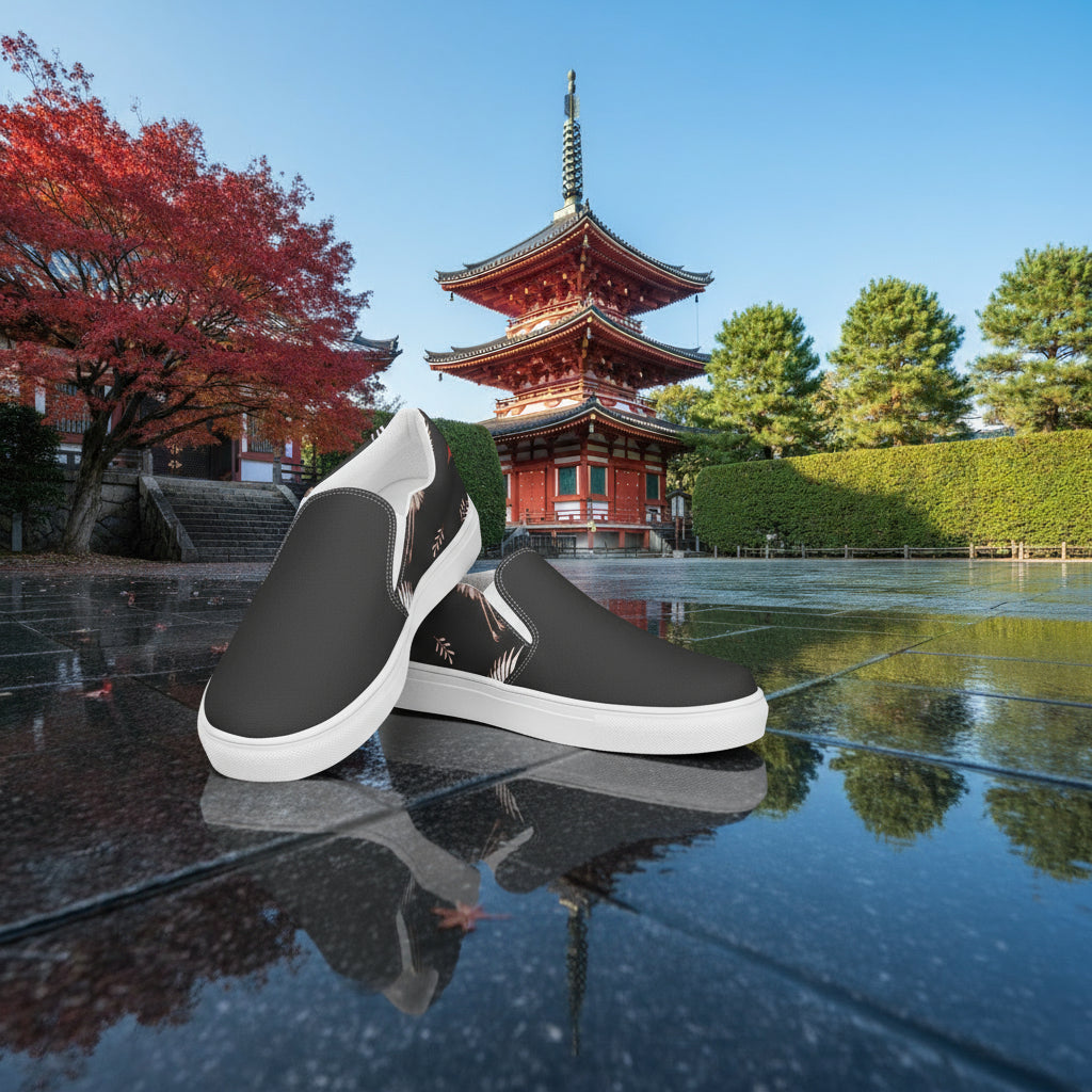 Black Crane Two Tone Slip-on Canvas Shoes displayed in a serene outdoor setting with a pagoda