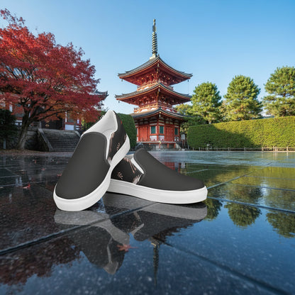 Black Crane Two Tone Slip-on Canvas Shoes displayed in a serene outdoor setting with a pagoda