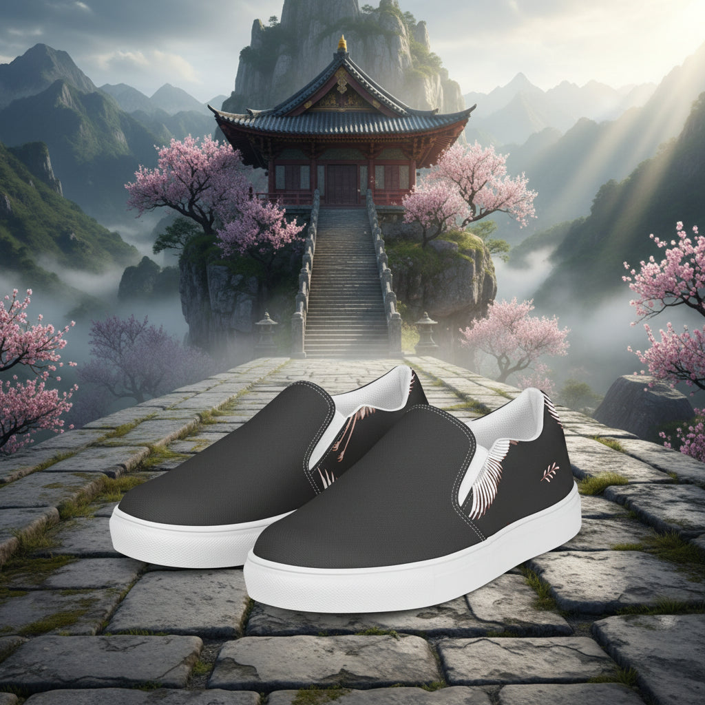 Black Crane Two Tone Slip-on Canvas Shoes featured against a serene mountain backdrop