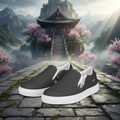 Black Crane Two Tone Slip-on Canvas Shoes featured against a serene mountain backdrop