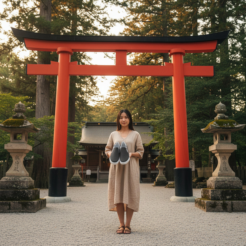 Black Crane Two Tone Slip-on Canvas Shoes held by a woman at a serene temple with red torii gates