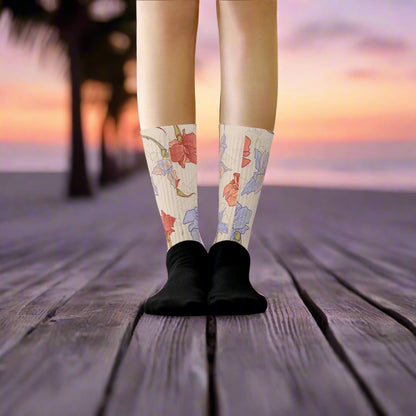 Unisex Black Bottom Floral Print Socks, Iris Flowers