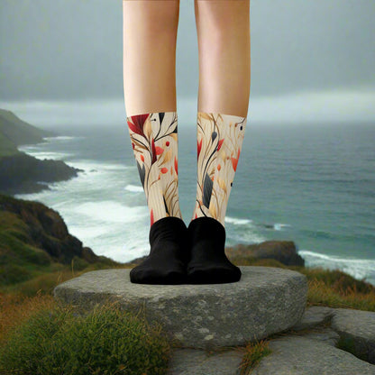 Unisex Black Bottom Socks, Floral Print, Autumn Lilies